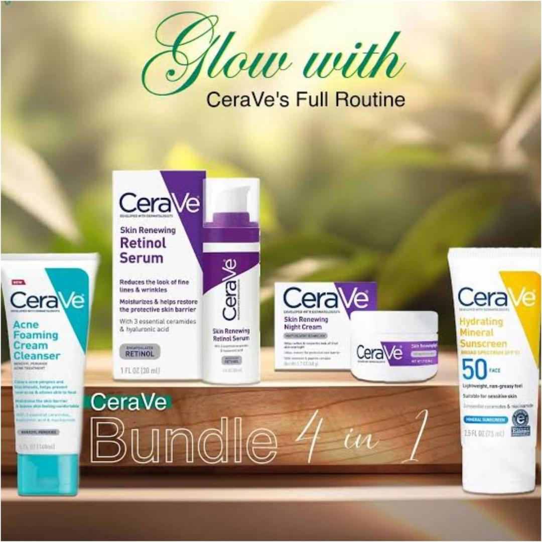 Skincare & Haircare Bundle - 4 Pcs Facial Cleanser, Night Cream, Sunblock & Face Serum