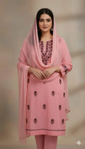 Chic Pink Embroidered Suit for Women - 3 Pcs Set in Linen with Dupatta