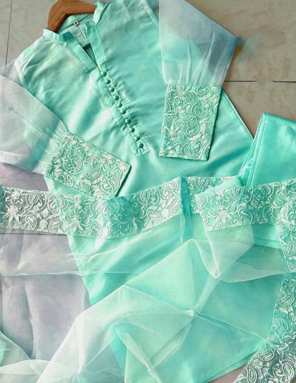 3 Pcs Women's Stitched Organza Embroidered Suit