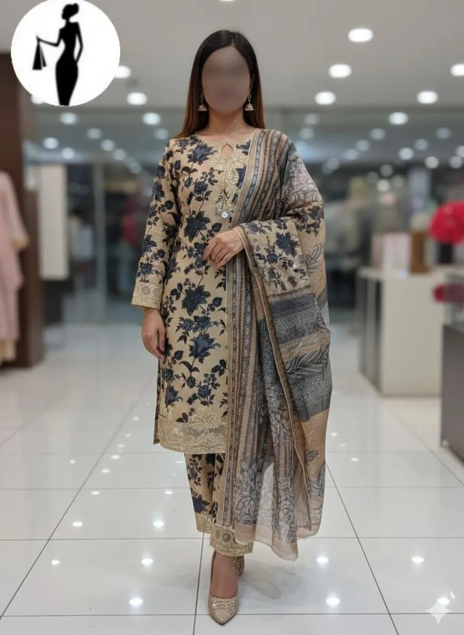 3 Pcs Women's Stitched Crinkle Chiffon Printed Suit