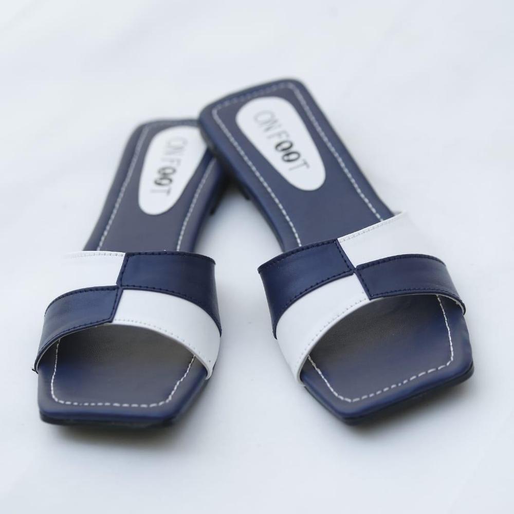 Women's Black White Rexine Slides Casual Flat Shoes