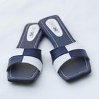 Women's Black White Rexine Slides Casual Flat Shoes