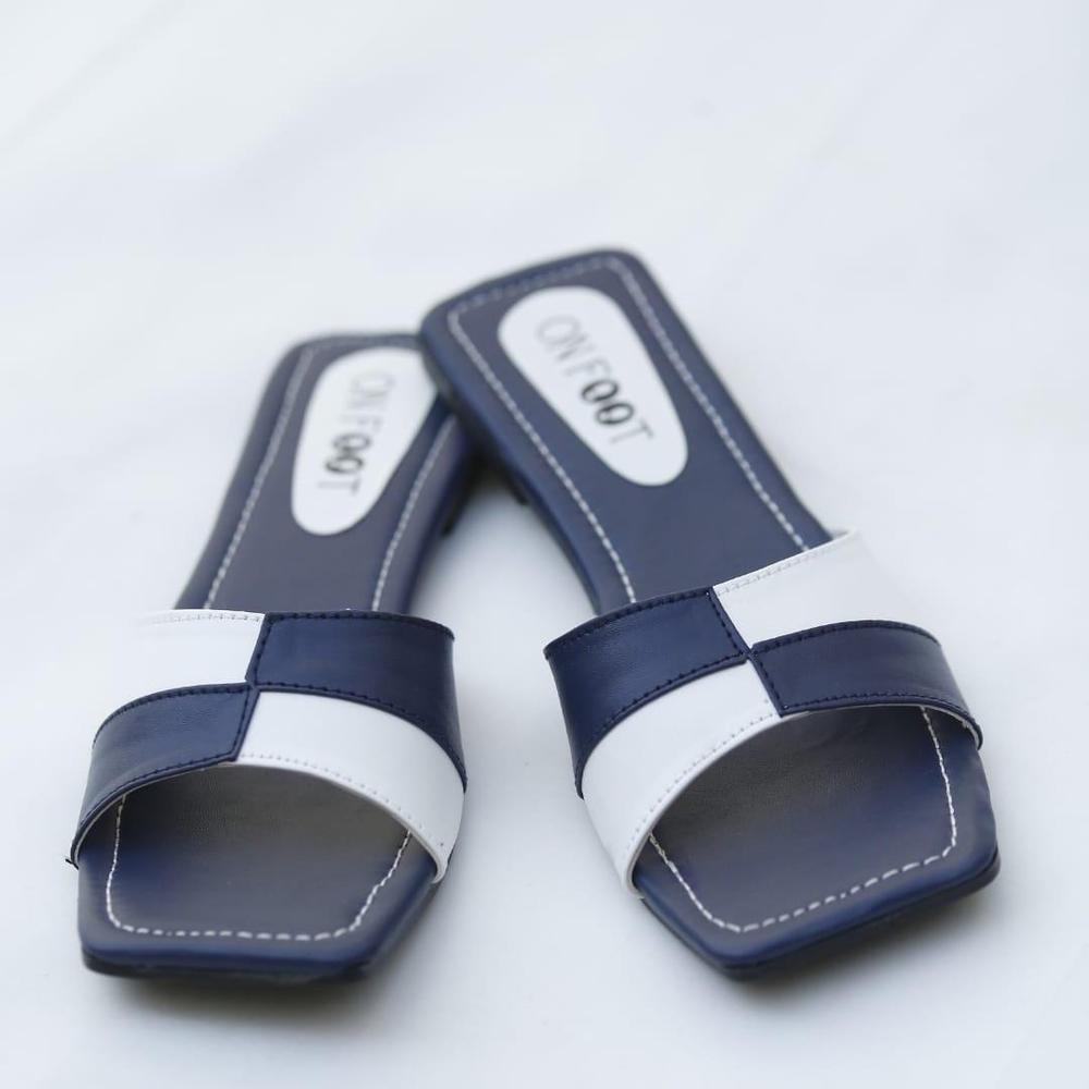 Women's Black White Rexine Slides Casual Flat Shoes