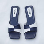 Women's Black White Rexine Slides Casual Flat Shoes