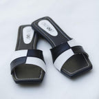 Women's Black White Rexine Slides Casual Flat Shoes