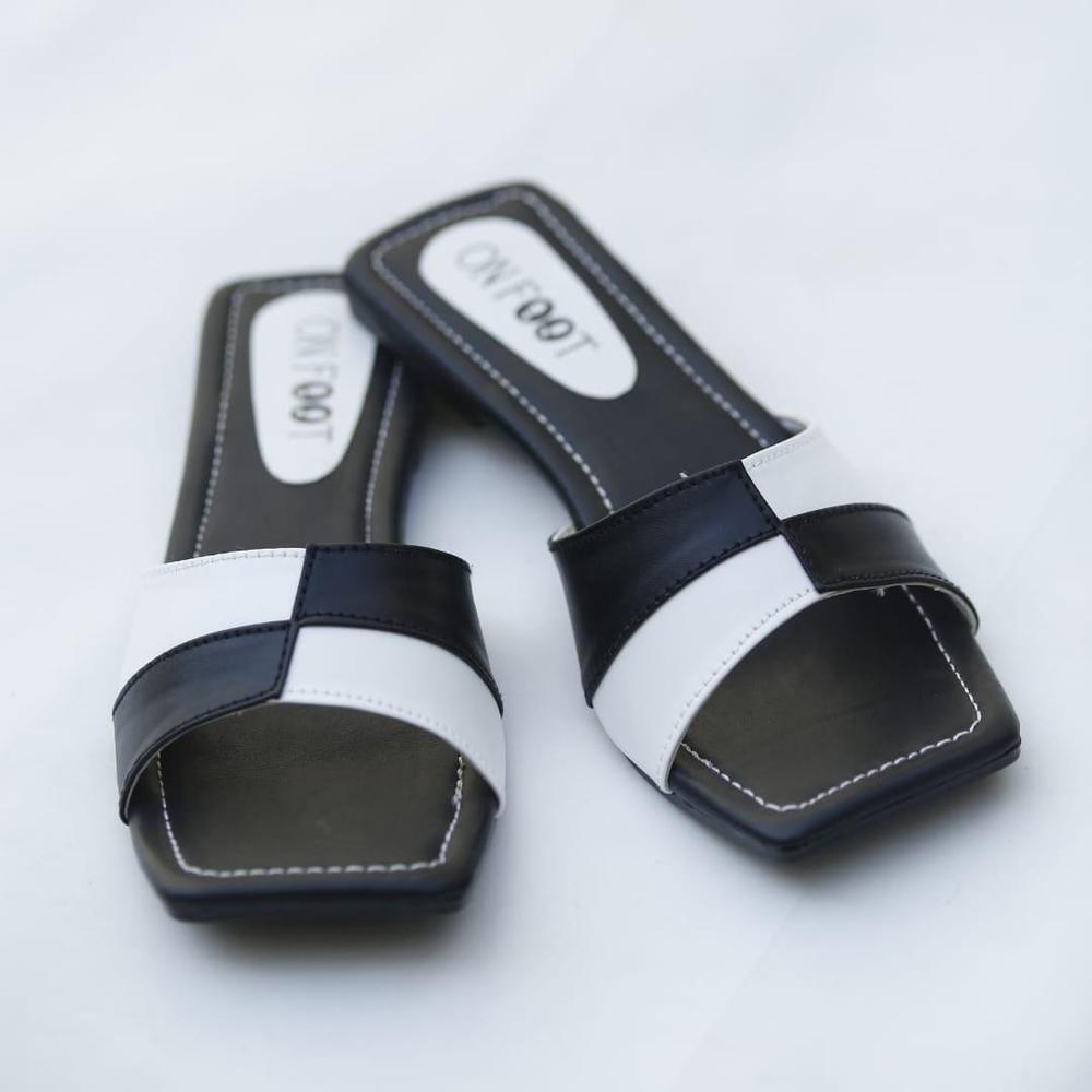 Women's Black White Rexine Slides Casual Flat Shoes