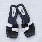 Women's Black White Rexine Slides Casual Flat Shoes