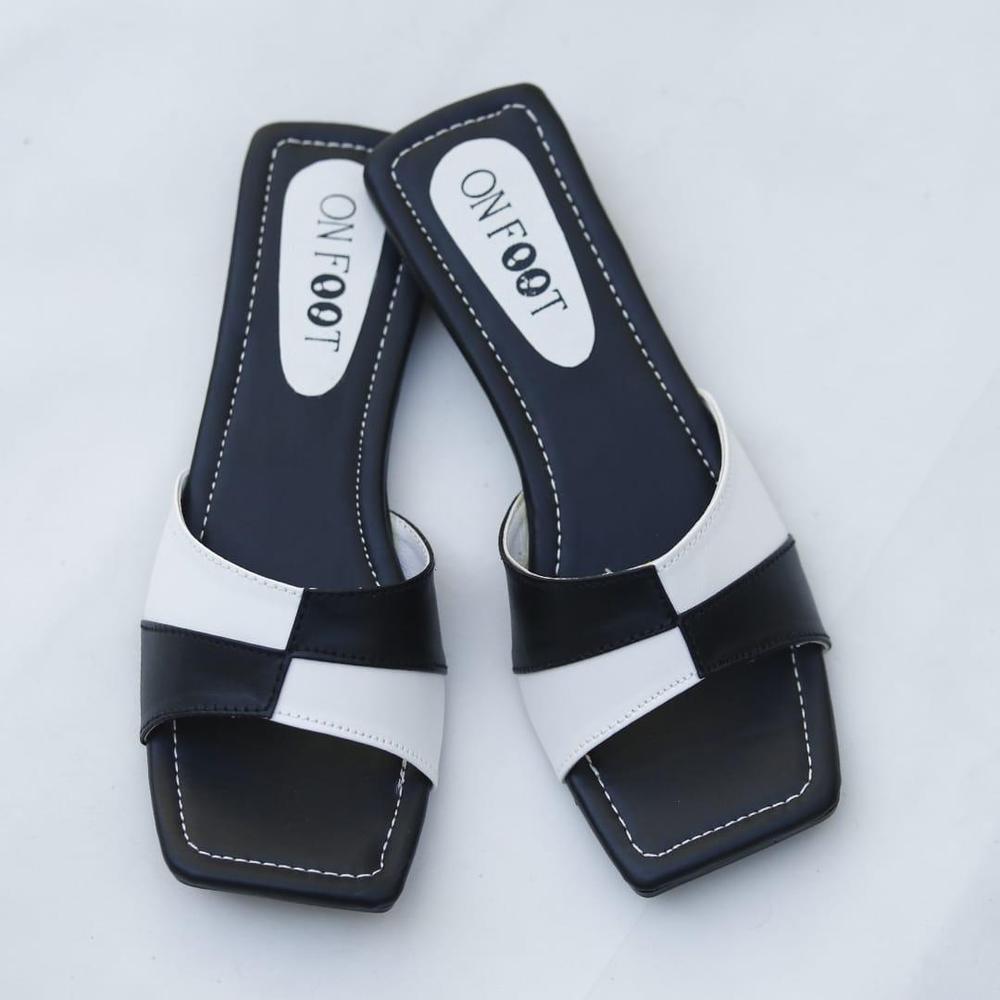 Women's Black White Rexine Slides Casual Flat Shoes