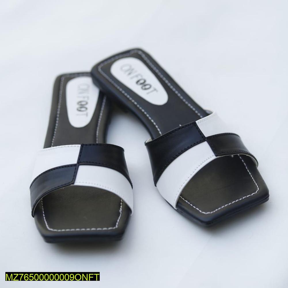 Women's Black White Rexine Slides Casual Flat Shoes