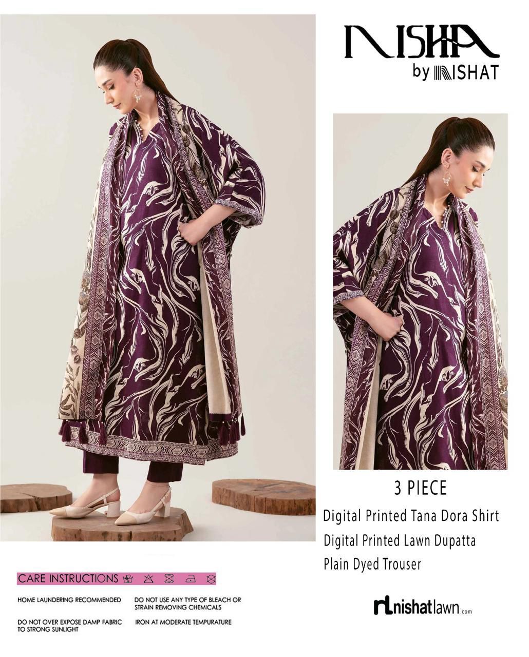 Nishat Printed Lawn Tana Dora Shirt & Plain Dyed Trouser With Printed Lawn Dupatta