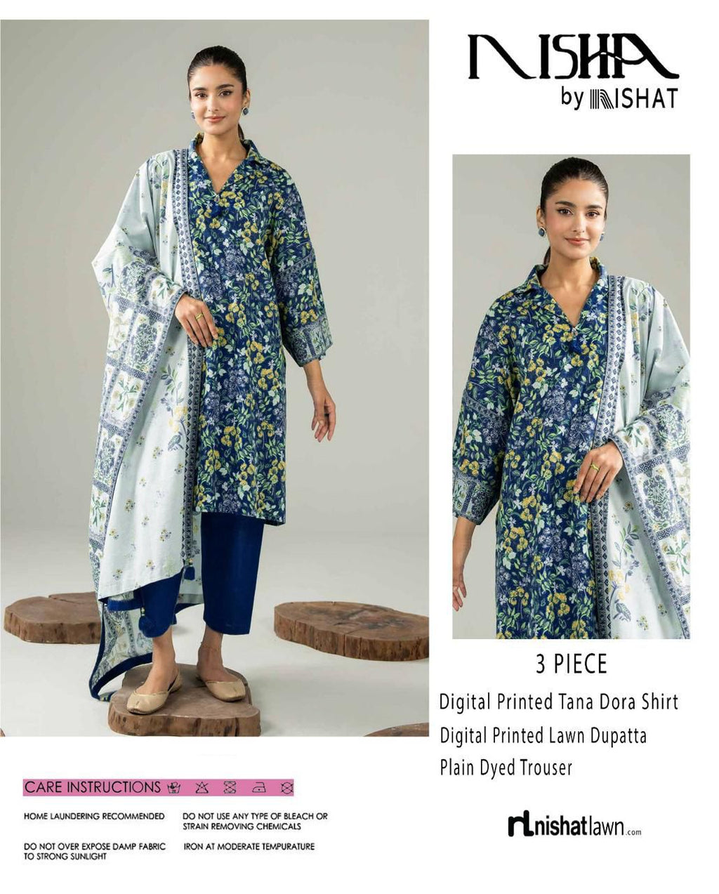 Nishat Printed Lawn Tana Dora Shirt & Plain Dyed Trouser With Printed Lawn Dupatta