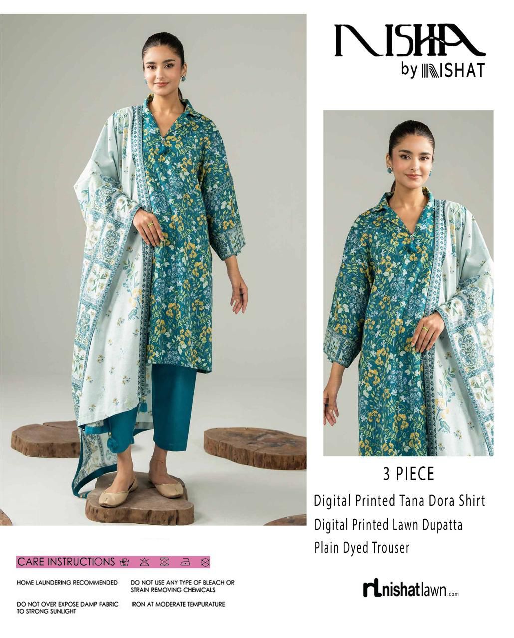 Nishat Printed Lawn Tana Dora Shirt & Plain Dyed Trouser With Printed Lawn Dupatta