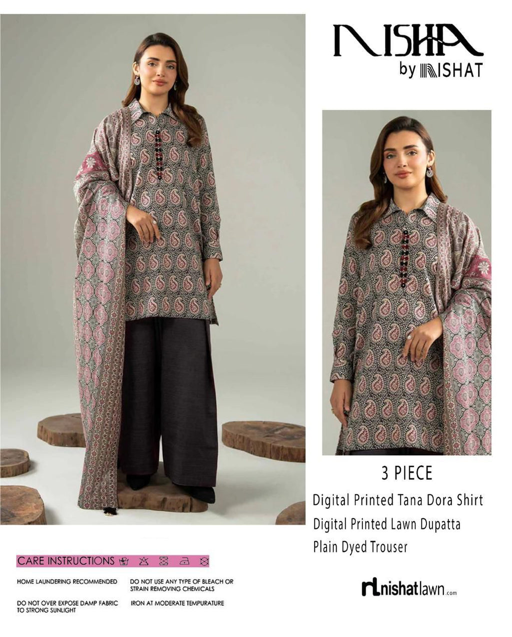 Nishat Printed Lawn Tana Dora Shirt & Plain Dyed Trouser With Printed Lawn Dupatta