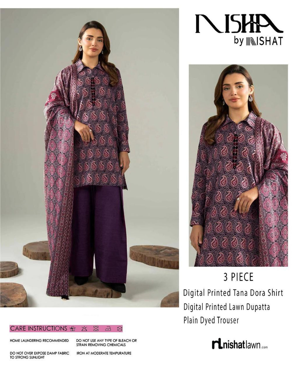 Nishat Printed Lawn Tana Dora Shirt & Plain Dyed Trouser With Printed Lawn Dupatta