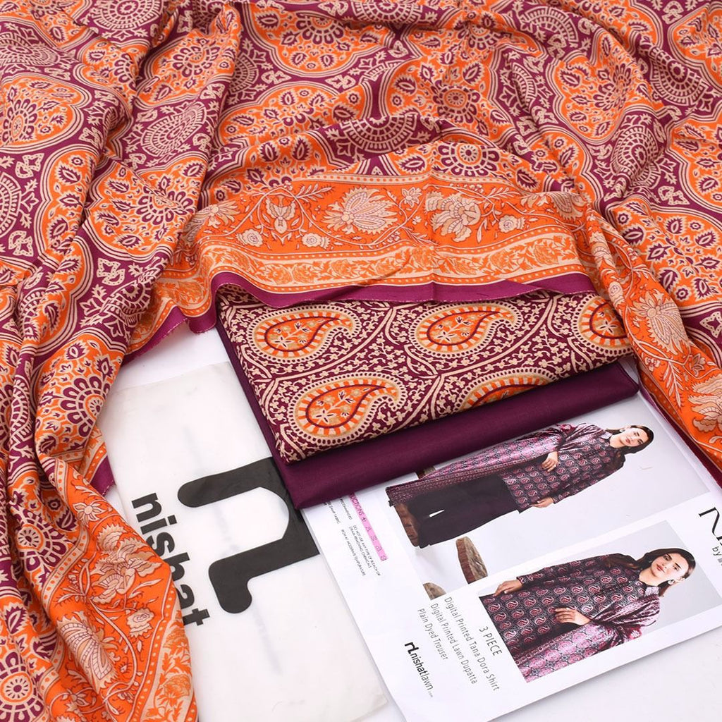 Nishat Printed Lawn Tana Dora Shirt & Plain Dyed Trouser With Printed Lawn Dupatta