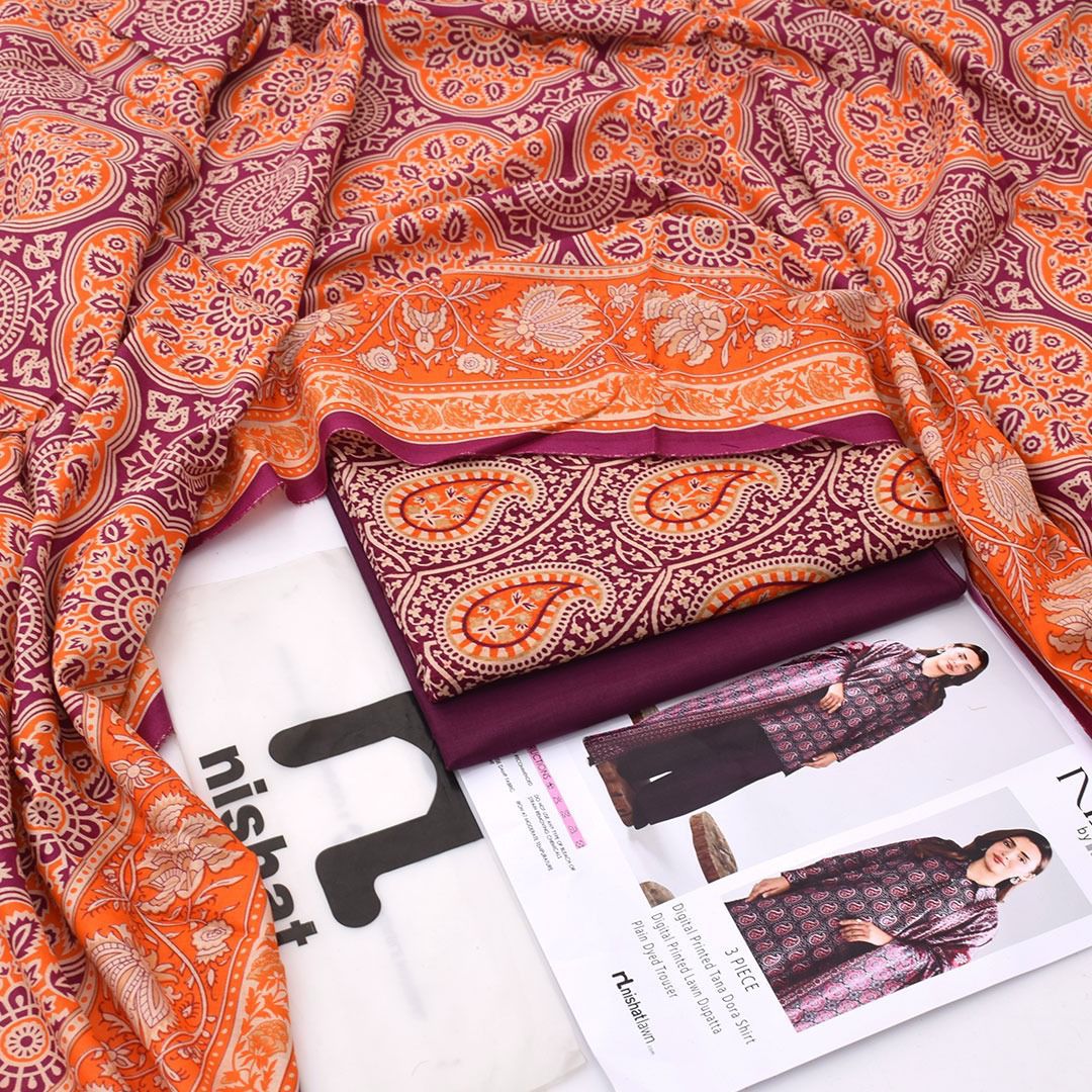 Nishat Printed Lawn Tana Dora Shirt & Plain Dyed Trouser With Printed Lawn Dupatta