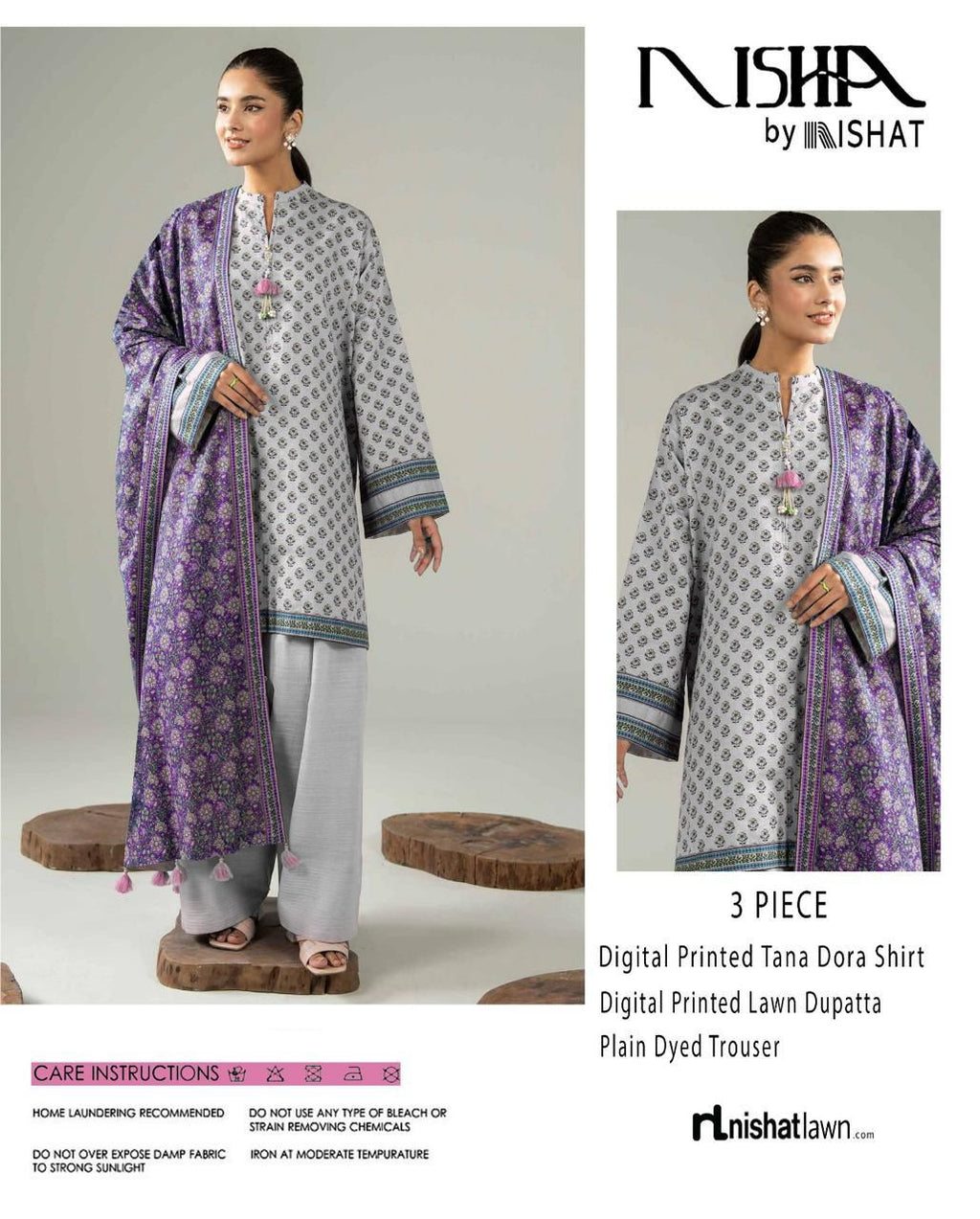 Nishat Printed Lawn Tana Dora Shirt & Plain Dyed Trouser With Printed Lawn Dupatta