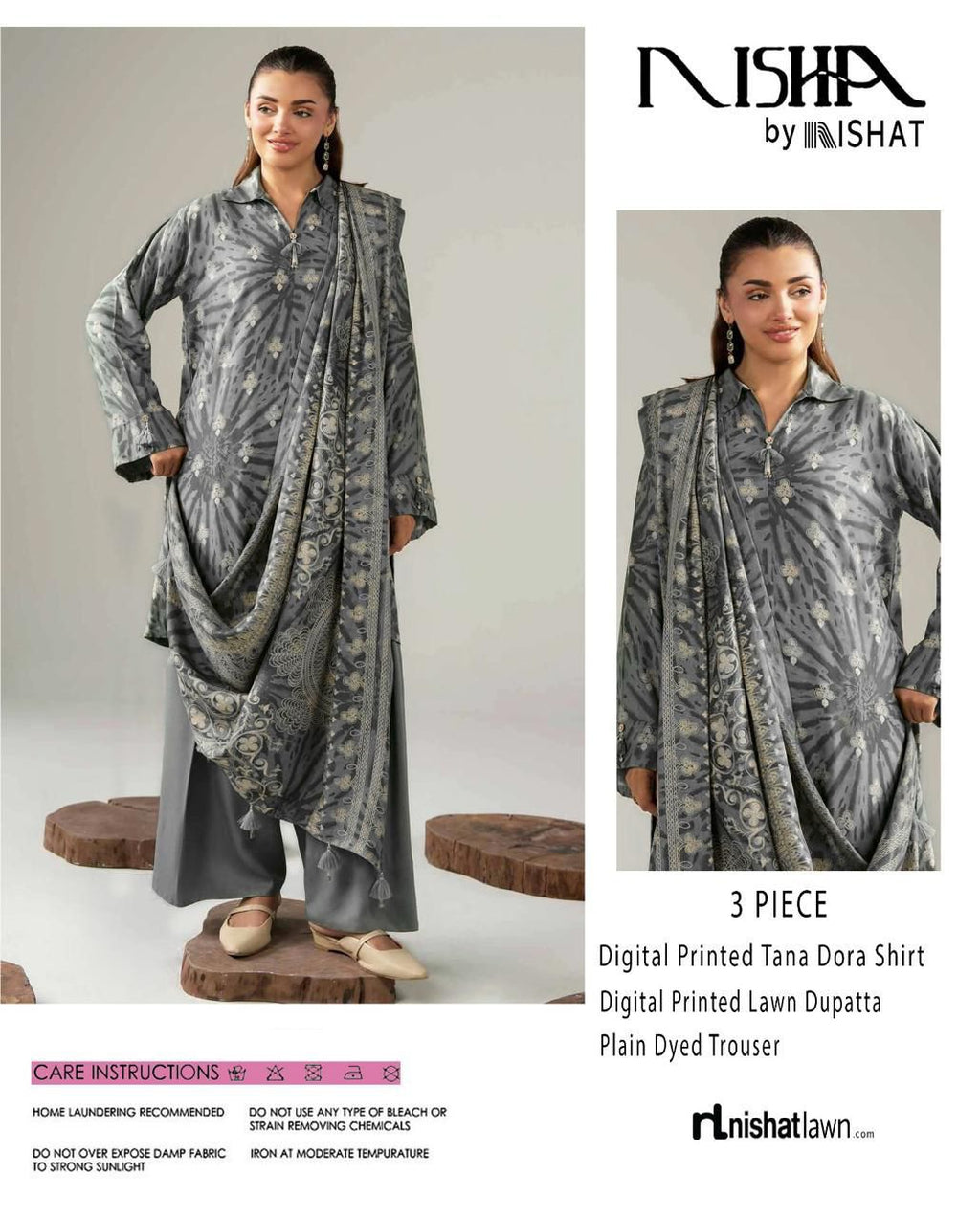Nishat Printed Lawn Tana Dora Shirt & Plain Dyed Trouser With Printed Lawn Dupatta