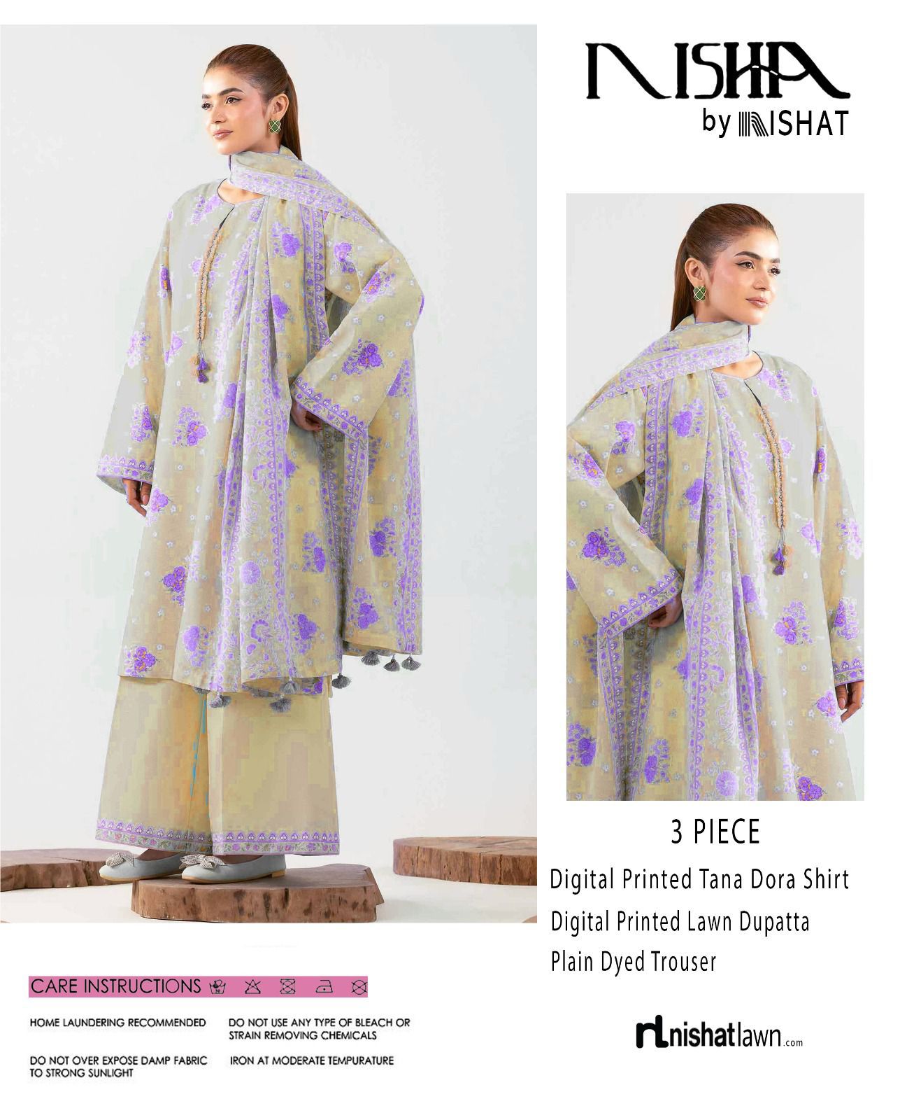 Nishat Printed Lawn Tana Dora Shirt & Plain Dyed Trouser With Printed Lawn Dupatta