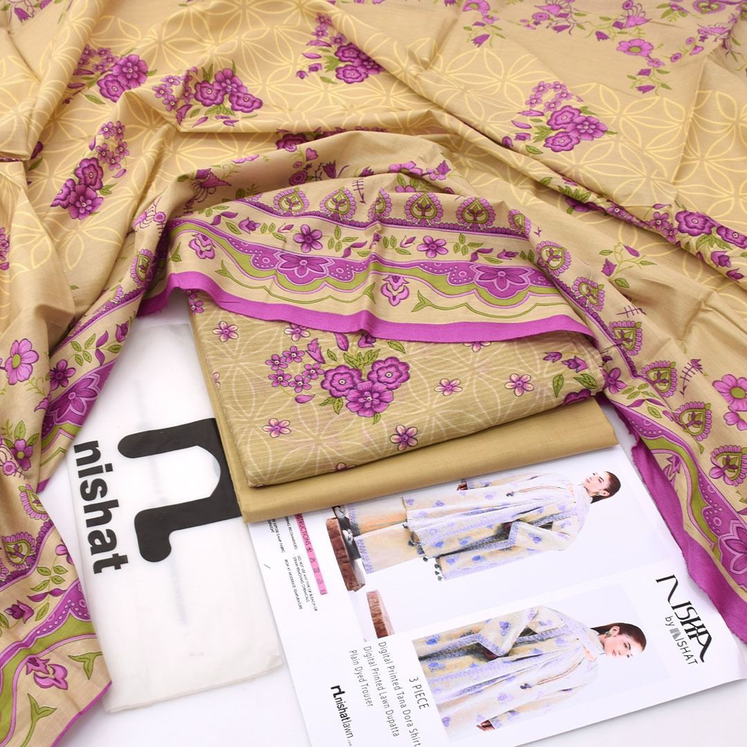 Nishat Printed Lawn Tana Dora Shirt & Plain Dyed Trouser With Printed Lawn Dupatta
