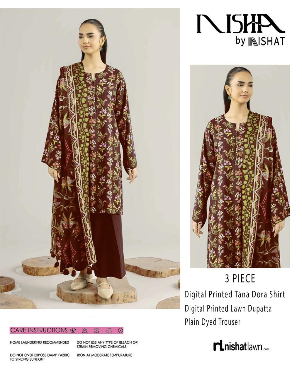 Nishat Printed Lawn Tana Dora Shirt & Plain Dyed Trouser With Printed Lawn Dupatta