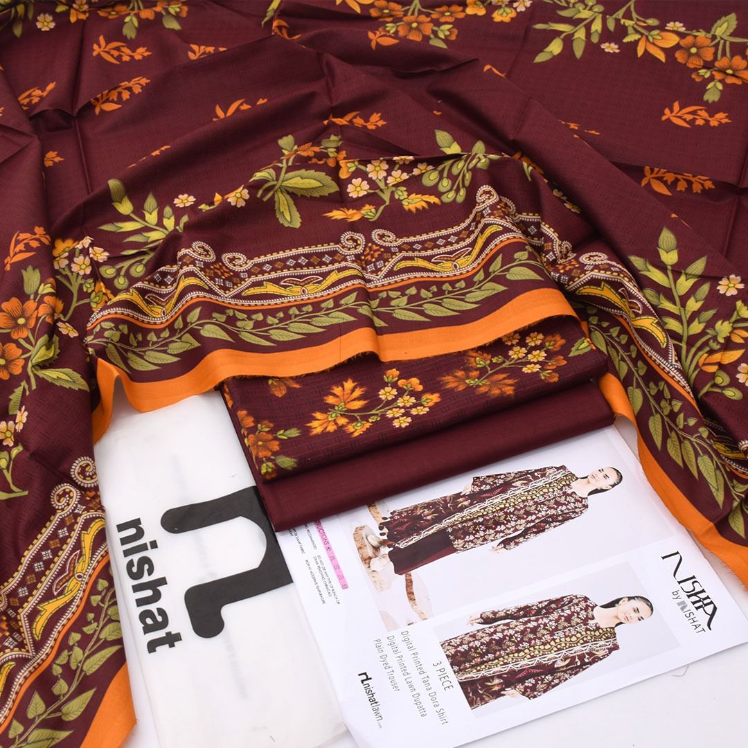 Nishat Printed Lawn Tana Dora Shirt & Plain Dyed Trouser With Printed Lawn Dupatta