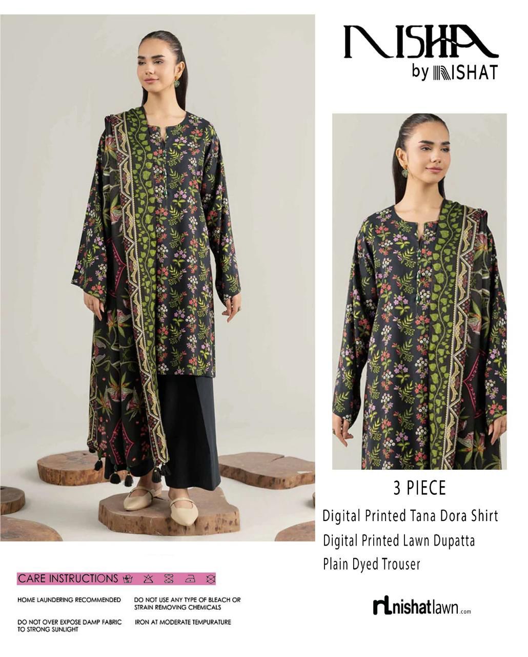 Nishat Printed Lawn Tana Dora Shirt & Plain Dyed Trouser With Printed Lawn Dupatta