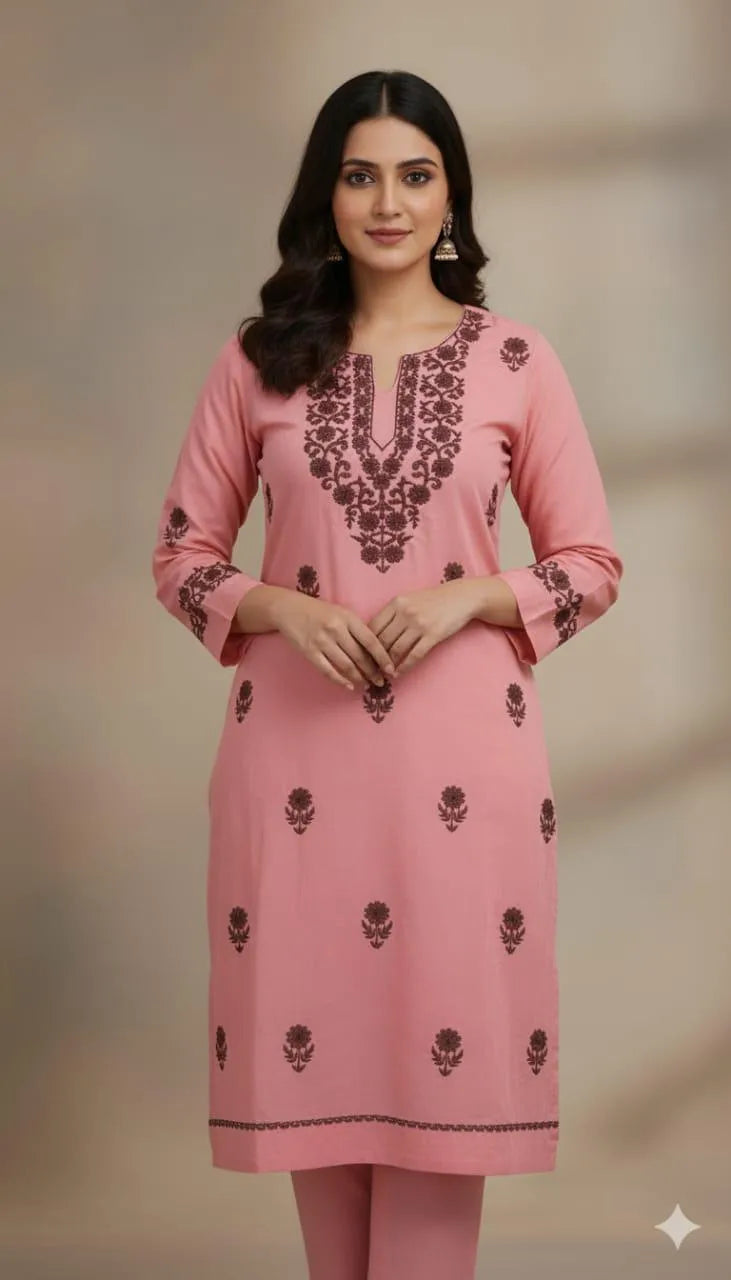 Chic Pink Embroidered Suit for Women - 3 Pcs Set in Linen with Dupatta