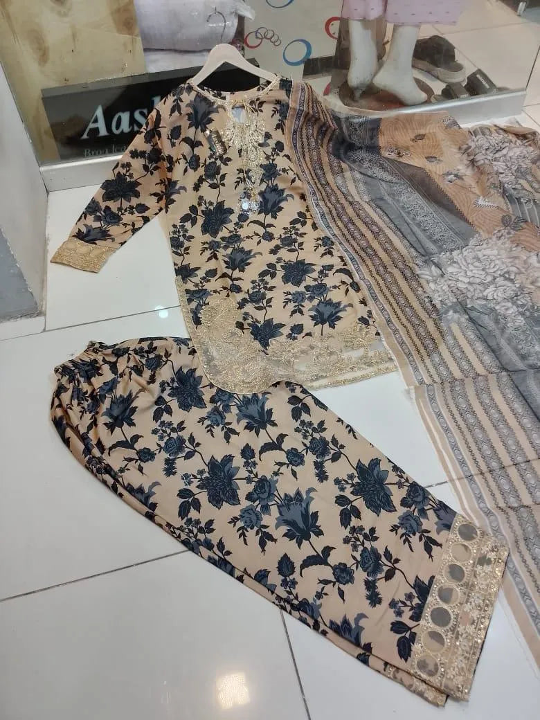 3 Pcs Women's Stitched Crinkle Chiffon Printed Suit