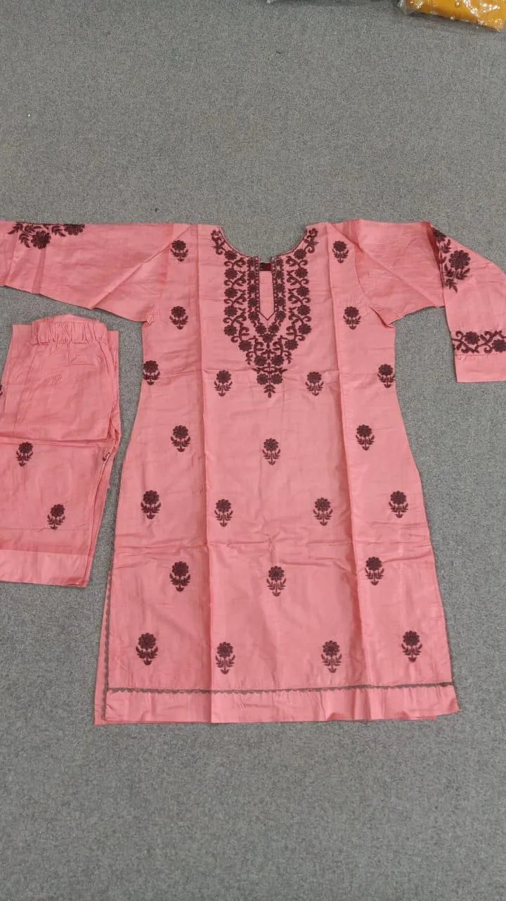 Chic Pink Embroidered Suit for Women - 3 Pcs Set in Linen with Dupatta